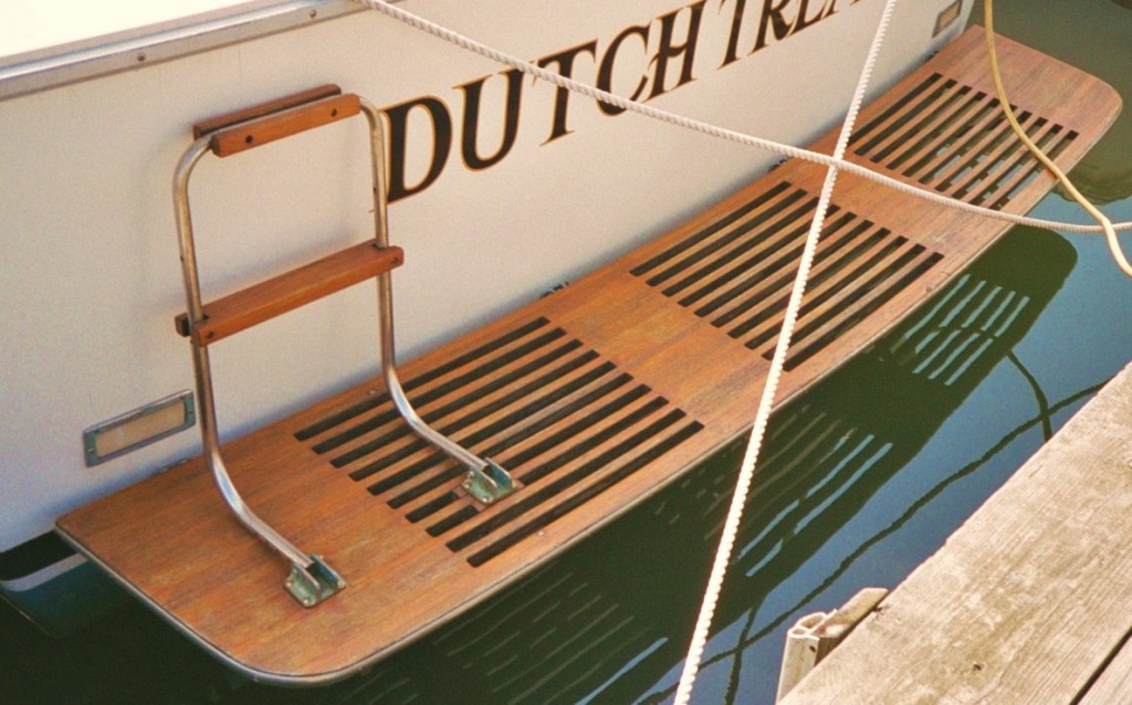 Close-up of a wooden deck on a boat named Dutch Tree.